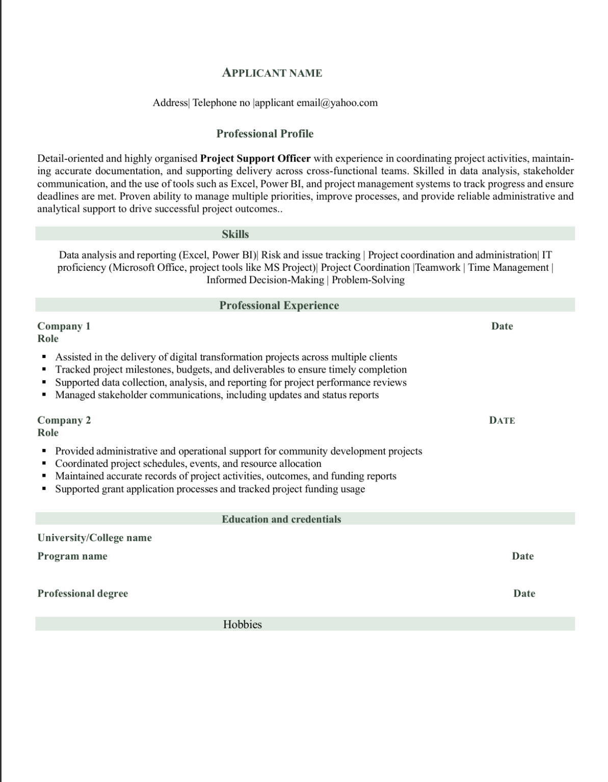 CV Template | Admin Careers